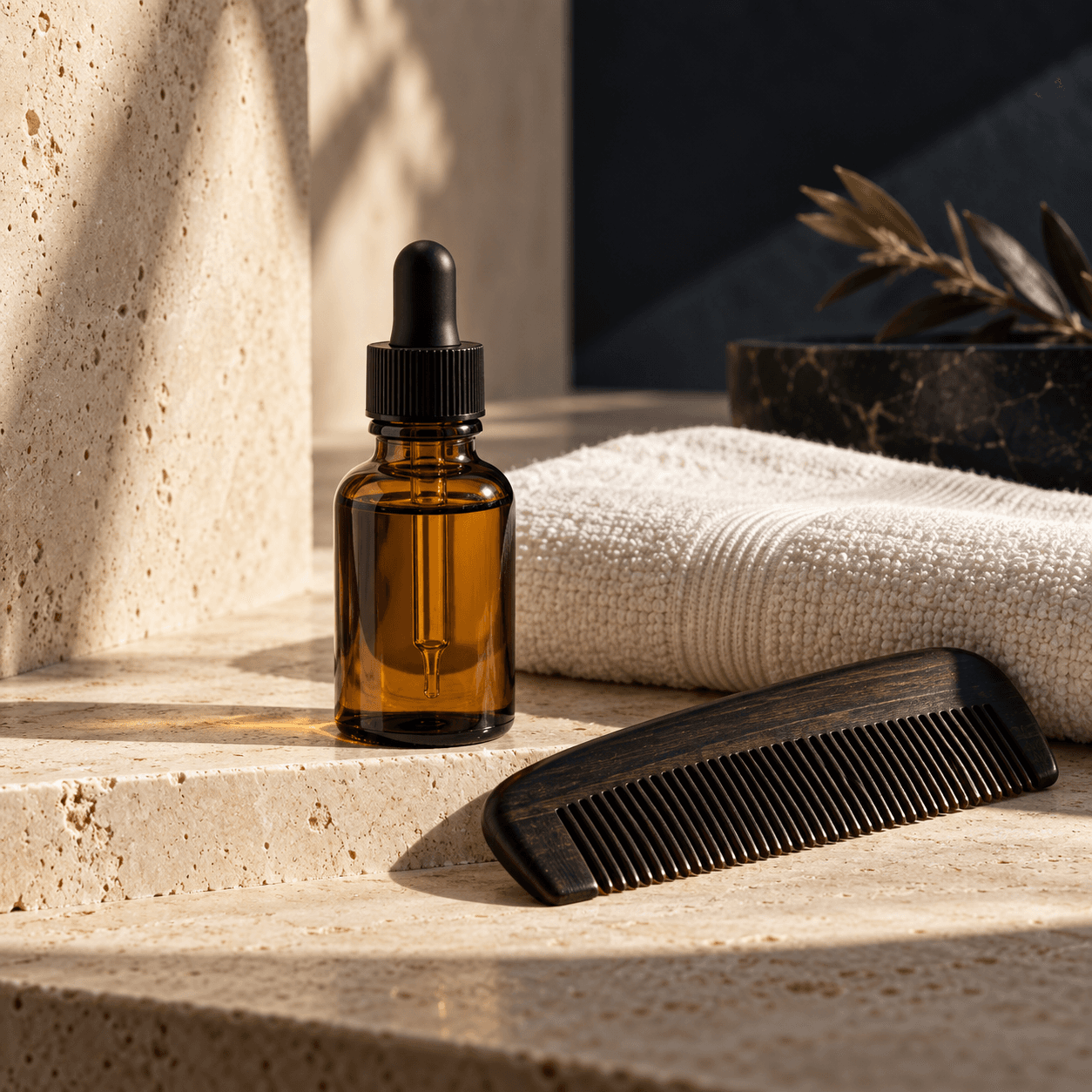 Men's beard care objects photographed in a restrained studio composition