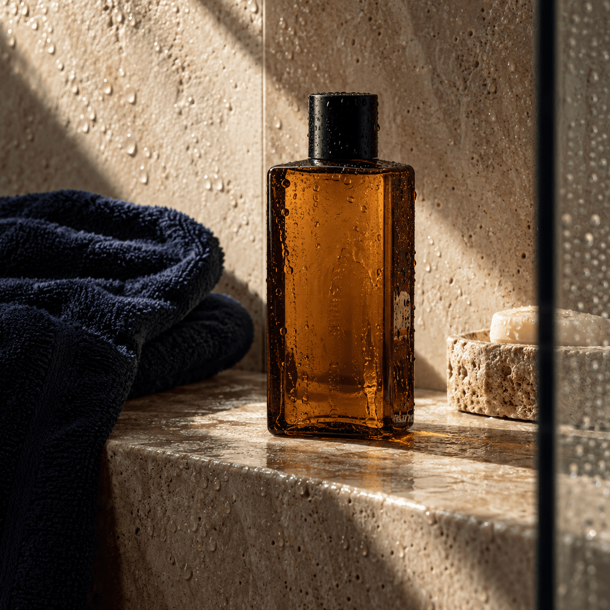 Body care products in a warm, minimal editorial environment