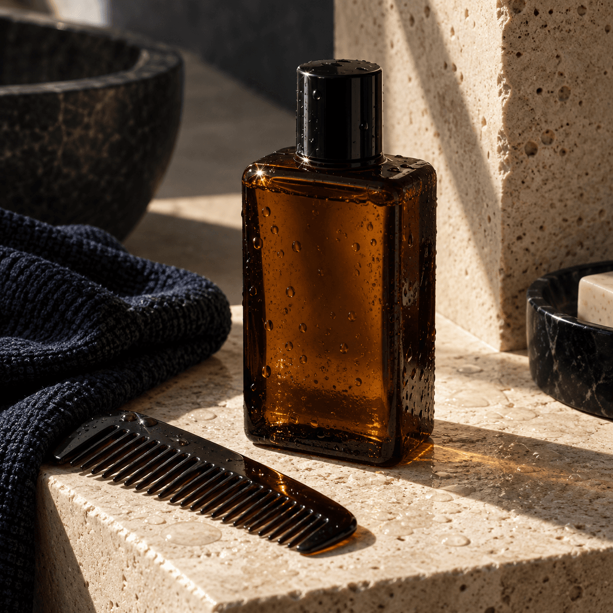NELY8 hair care products arranged in a dark editorial setting
