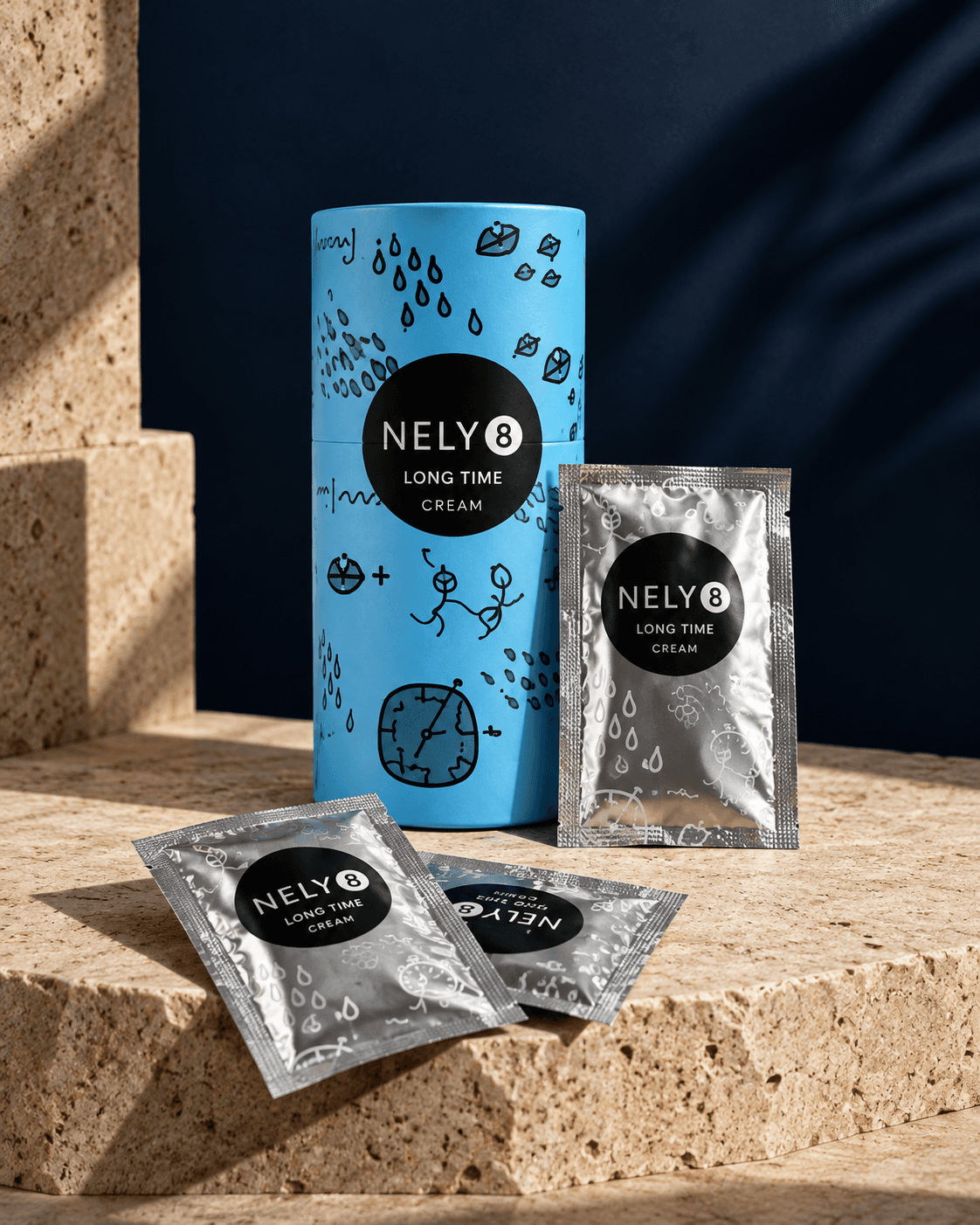 NELY8 Delay Cream packaging with individual sachets