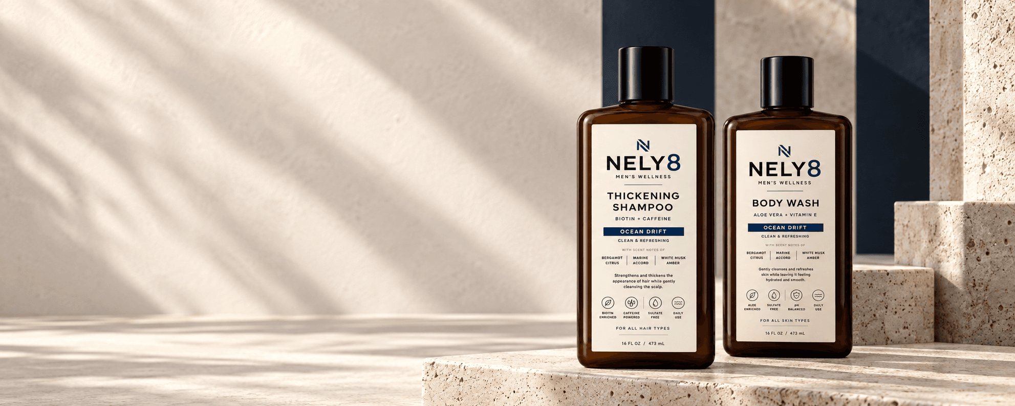 NELY8 shampoo and body wash in a warm stone setting