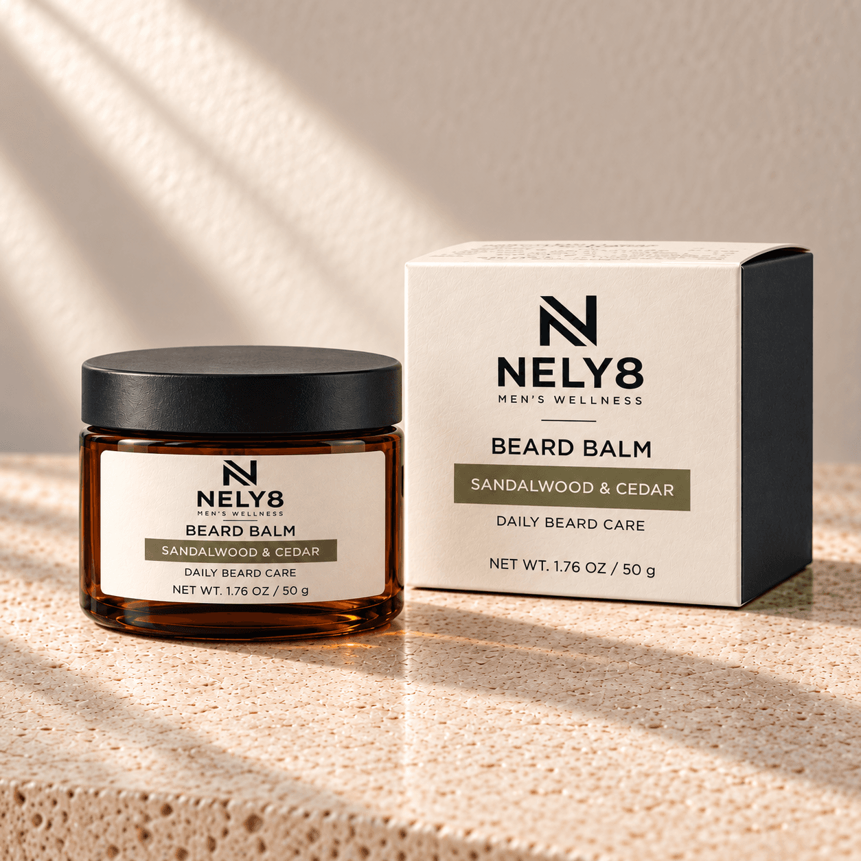 NELY8 Beard Balm — Sandalwood & Cedar, compact amber jar and box