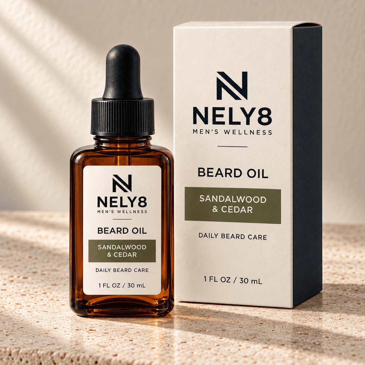 NELY8 Beard Oil — Sandalwood & Cedar, amber dropper bottle and box